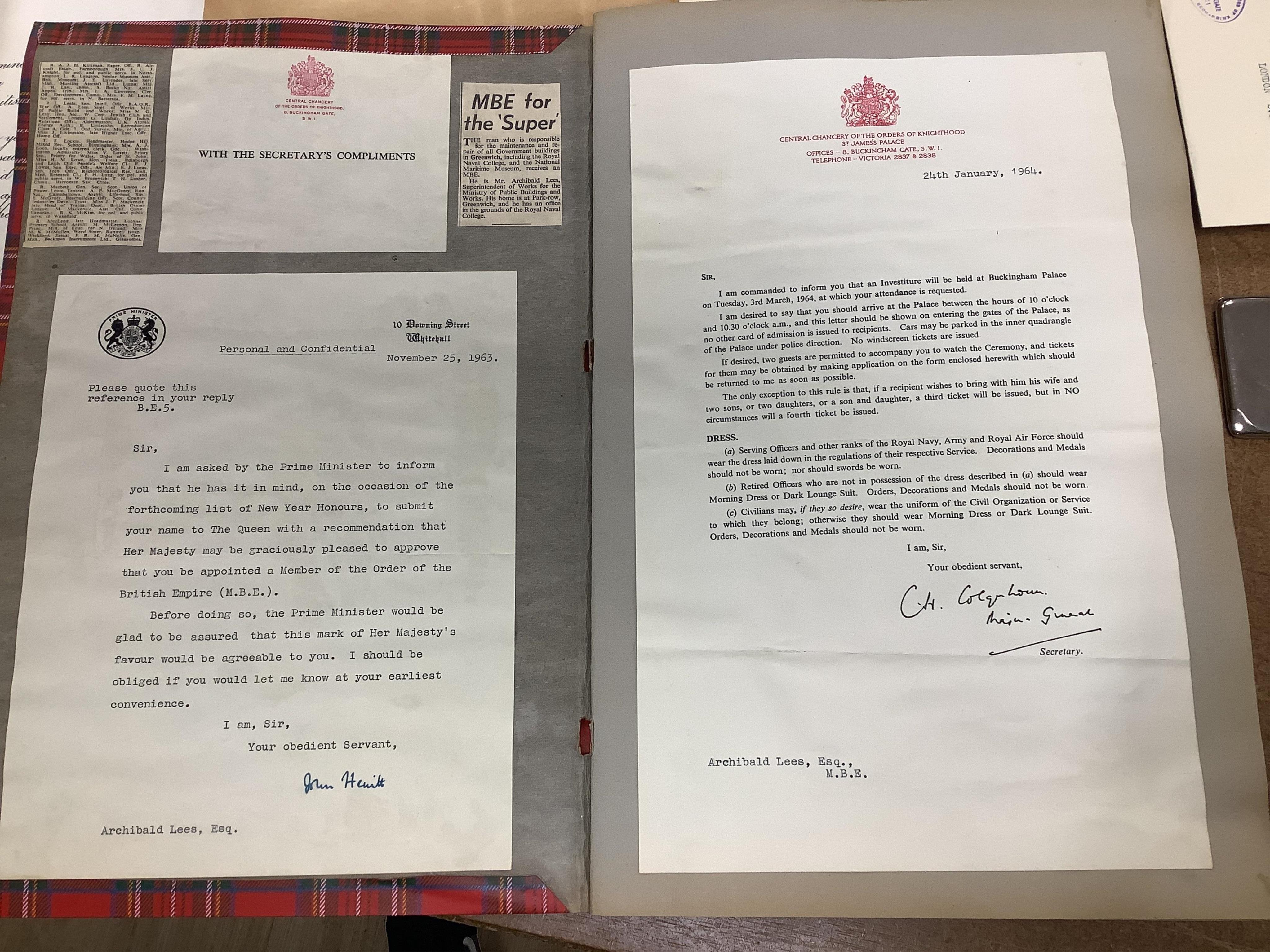 An MBE for Archibald Lees with miniature and an Imperial Service Medal for Thomas Lees, a silver coaster and silver match case with coronet over ‘E’ and ‘Holyrood 1925’ to reverse